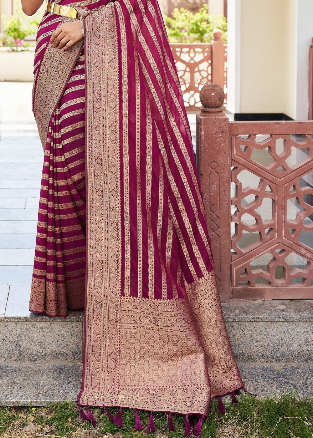 Jam Purple Zari Woven Leheriya Georgette Saree