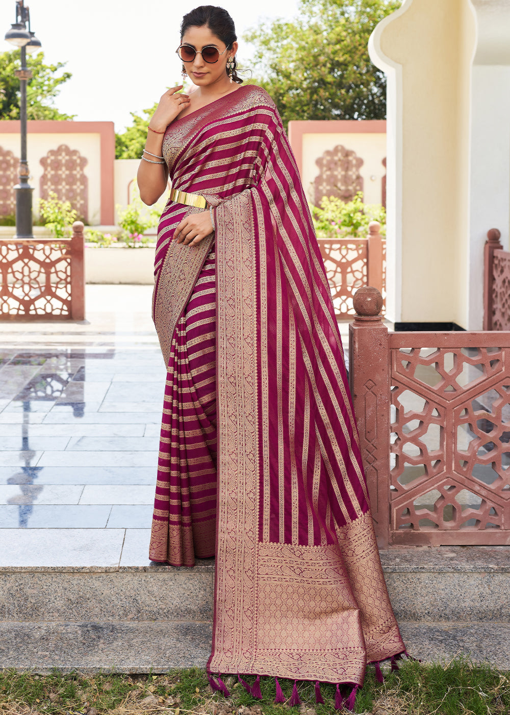 Jam Purple Zari Woven Leheriya Georgette Saree