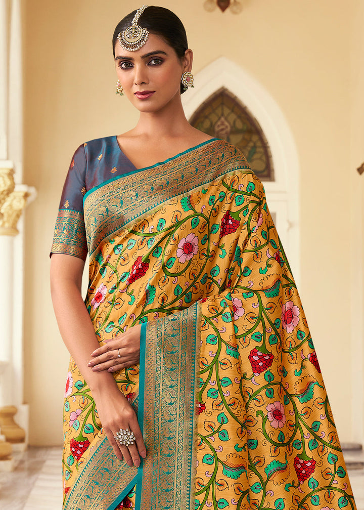 Saffron Yellow Digital Printed Silk Saree with Weaving Border & Rich Pallu