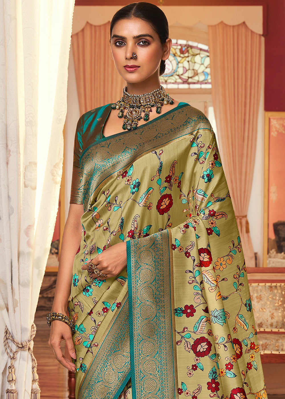 Tea Green Digital Printed Silk Saree with Weaving Border & Rich Pallu