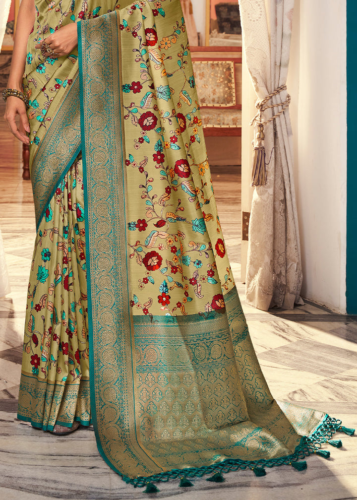 Tea Green Digital Printed Silk Saree with Weaving Border & Rich Pallu