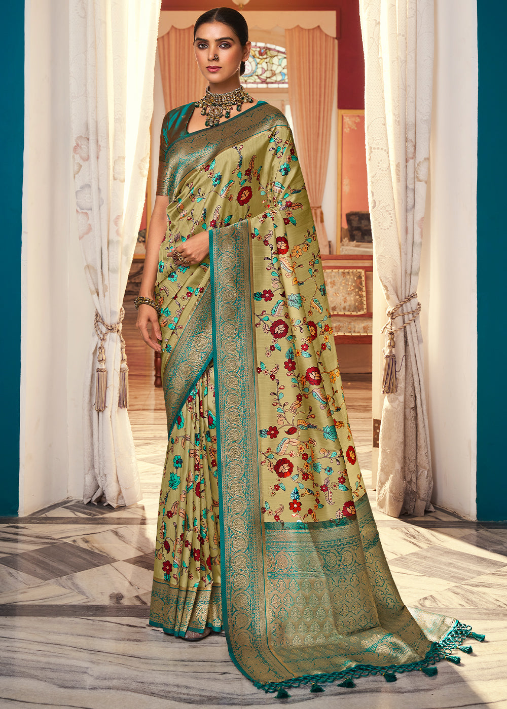 Tea Green Digital Printed Silk Saree with Weaving Border & Rich Pallu