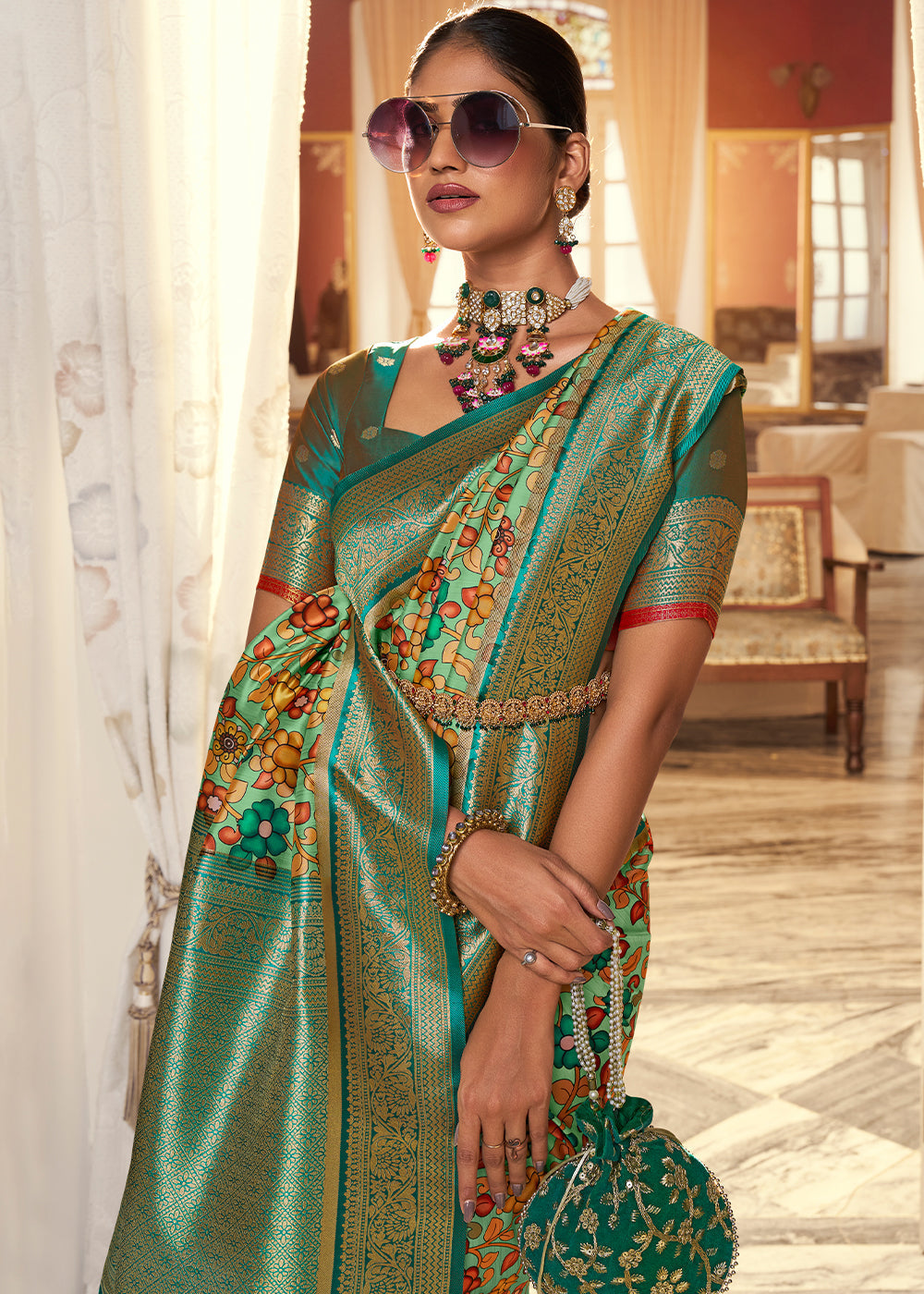 Cool Green Digital Printed Silk Saree with Weaving Border & Rich Pallu