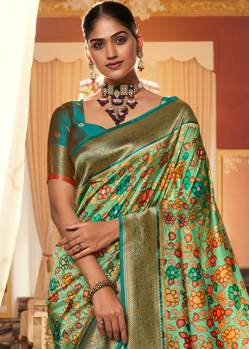 Cool Green Digital Printed Silk Saree with Weaving Border & Rich Pallu