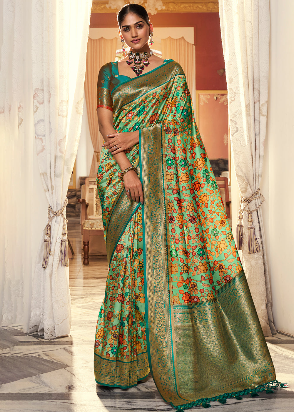 Cool Green Digital Printed Silk Saree with Weaving Border & Rich Pallu