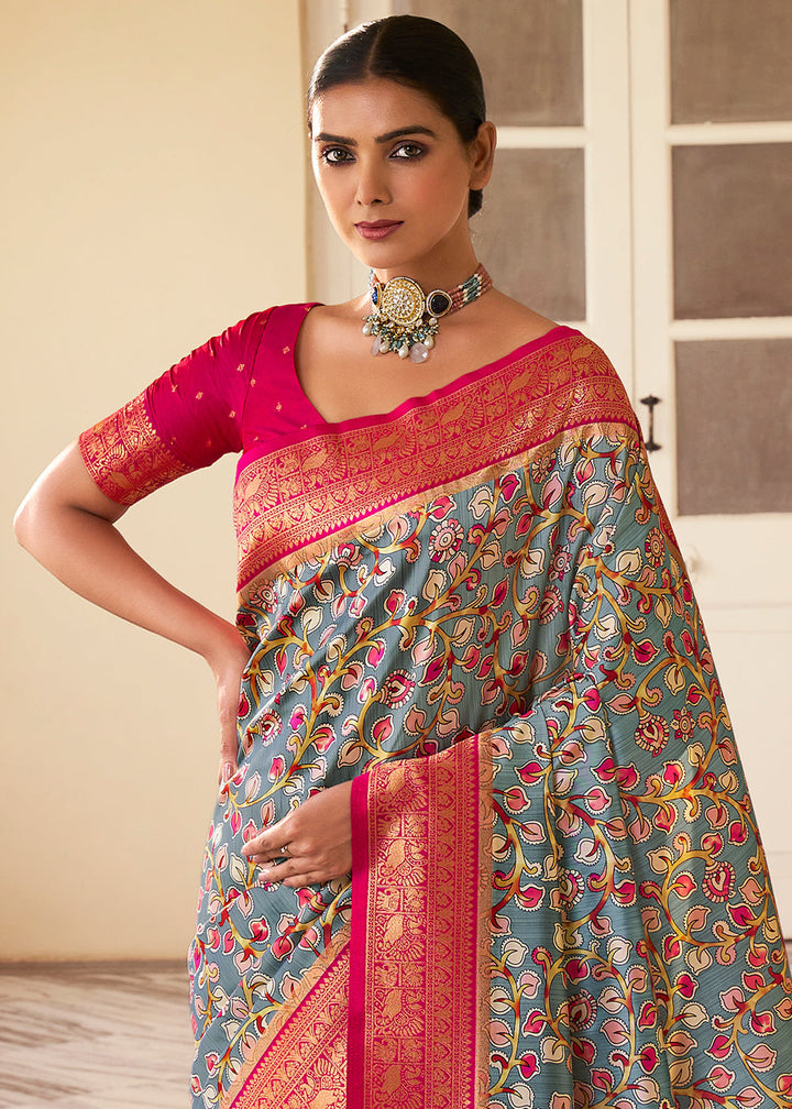 Grey & Pink Digital Printed Silk Saree with Weaving Border & Rich Pallu