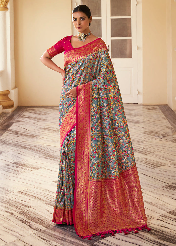 Grey & Pink Digital Printed Silk Saree with Weaving Border & Rich Pallu