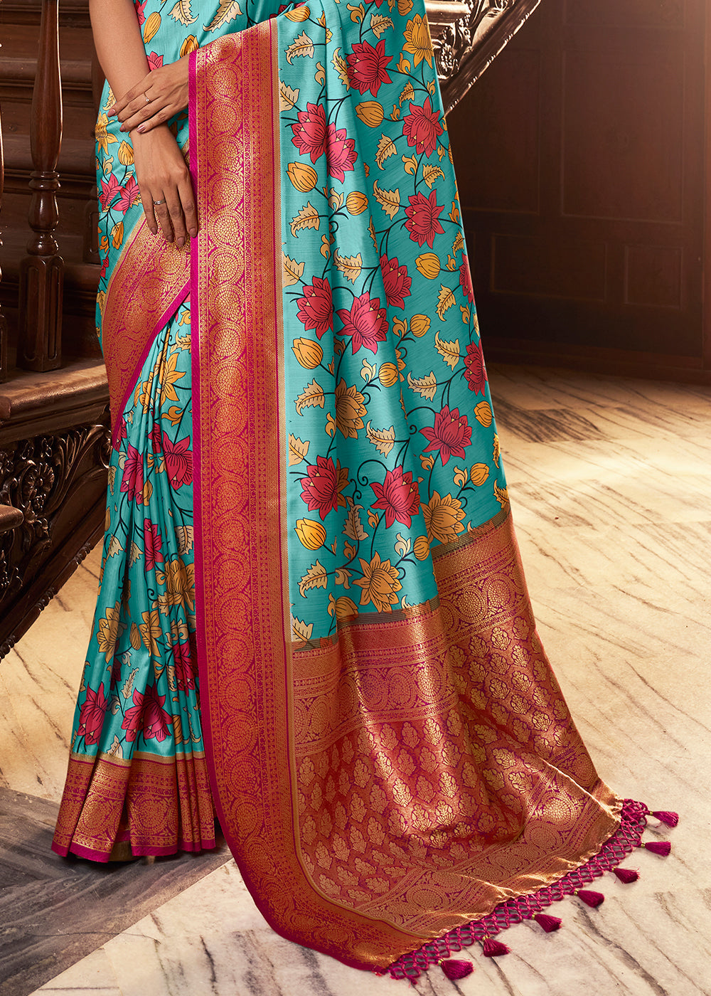 Celestial Blue Digital Printed Silk Saree with Weaving Border & Rich Pallu