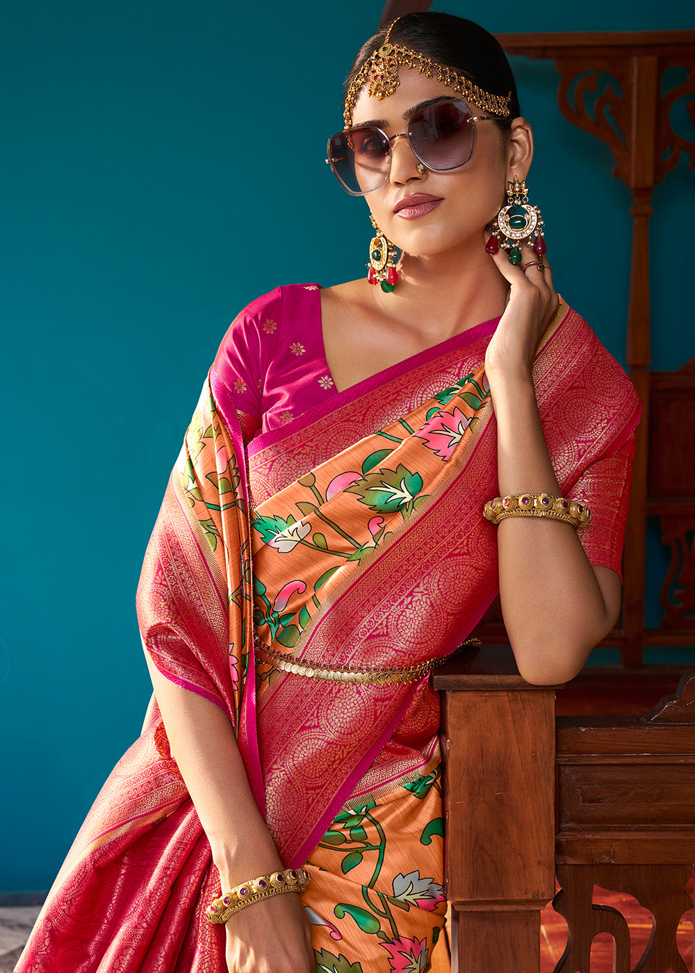 Orange & Pink Digital Printed Silk Saree with Weaving Border & Rich Pallu