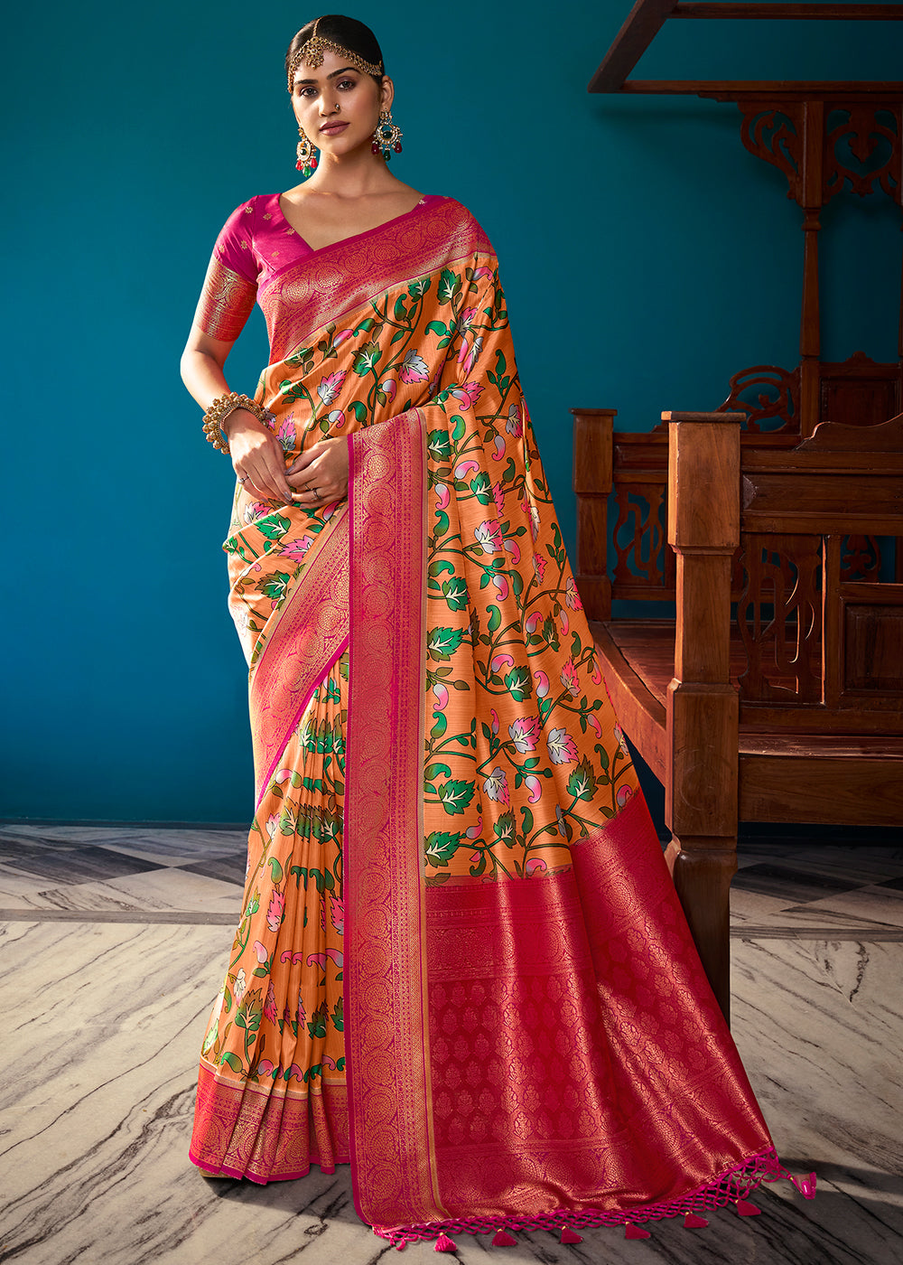 Orange & Pink Digital Printed Silk Saree with Weaving Border & Rich Pallu