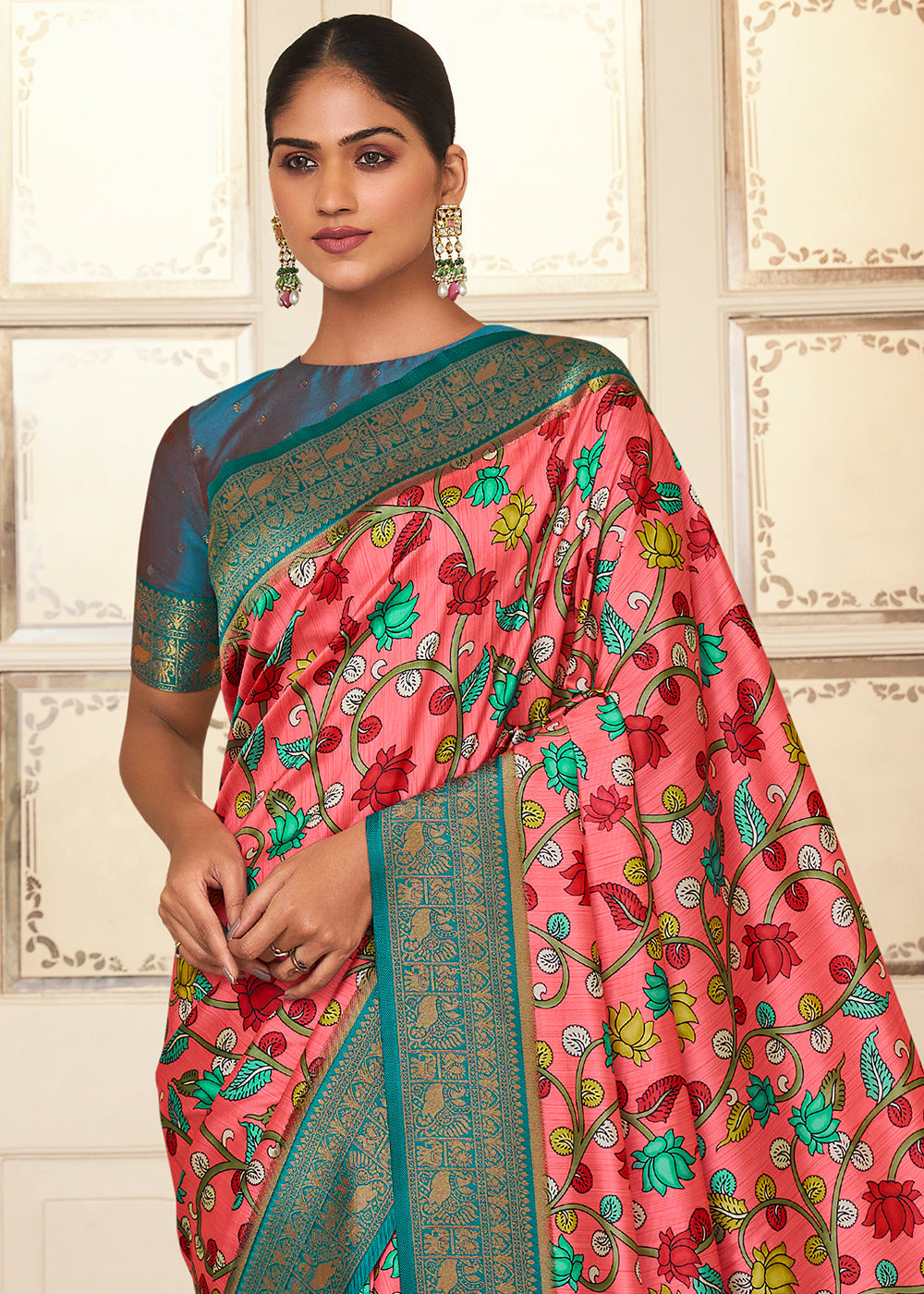 Watermelon Pink Digital Printed Silk Saree with Weaving Border & Rich Pallu