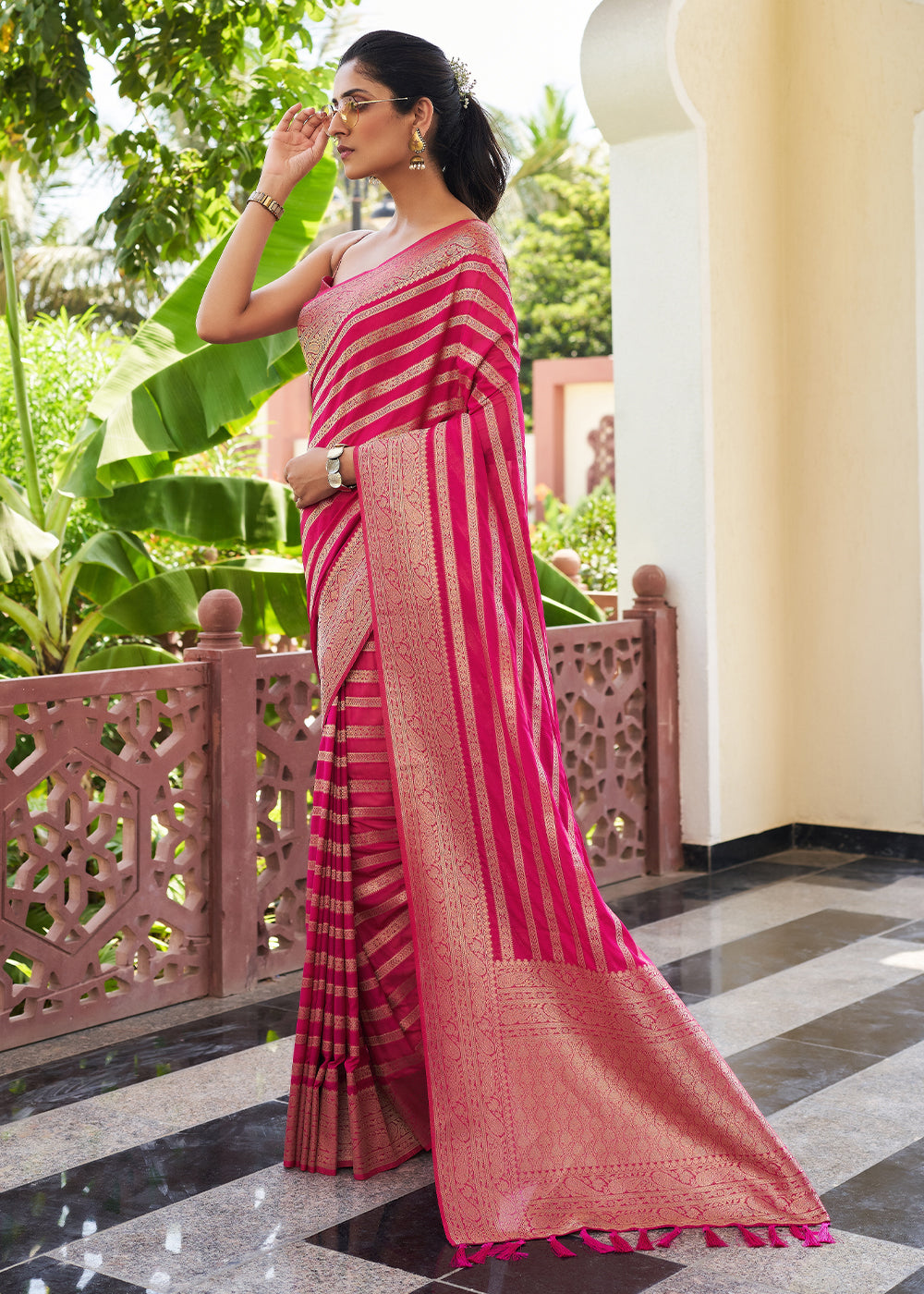 Hot Pink Zari Woven Leheriya Georgette Saree