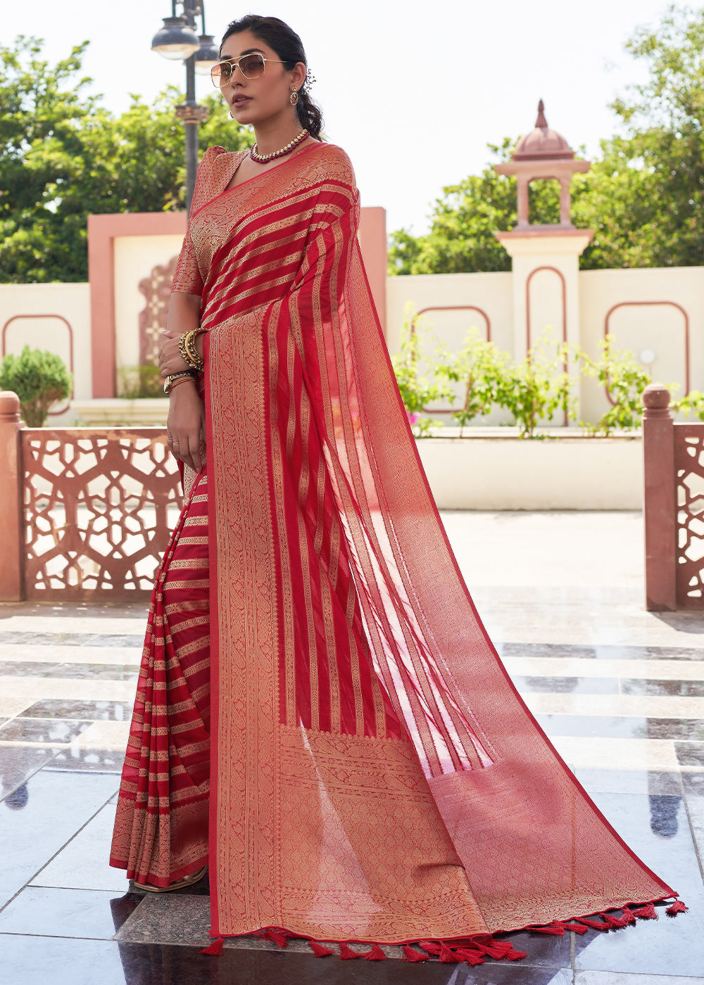 Crimson Red Zari Woven Leheriya Georgette Saree