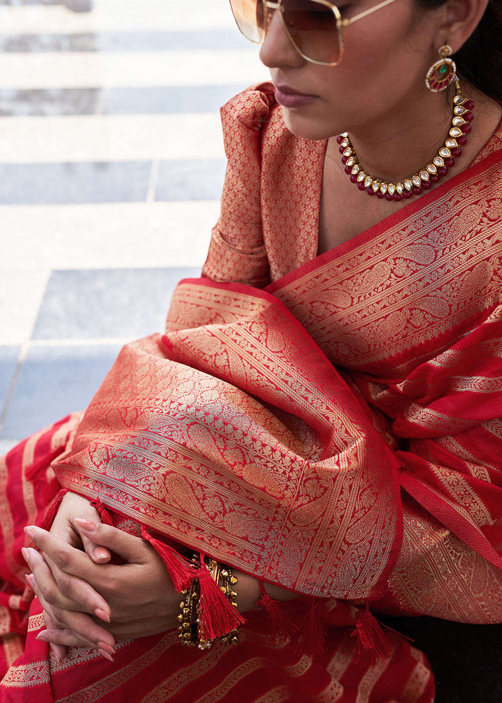 Crimson Red Zari Woven Leheriya Georgette Saree