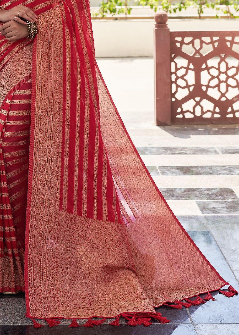 Crimson Red Zari Woven Leheriya Georgette Saree