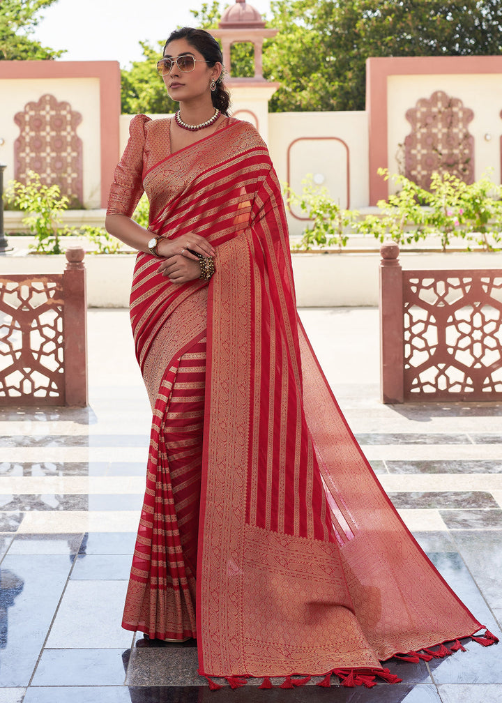 Crimson Red Zari Woven Leheriya Georgette Saree