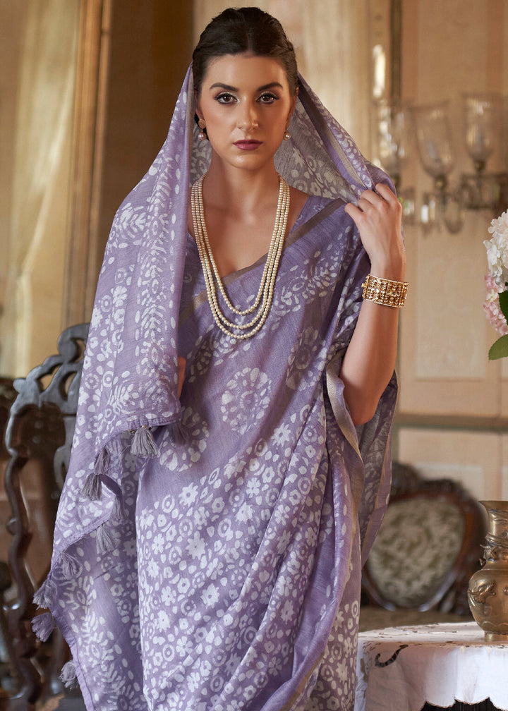 Iris Purple Floral Printed Linen Saree