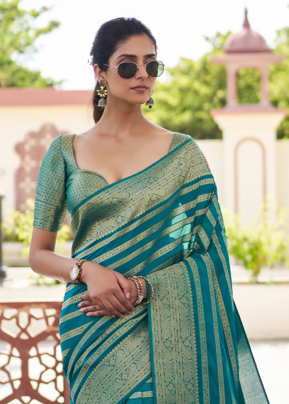 Teal Blue Zari Woven Leheriya Georgette Saree