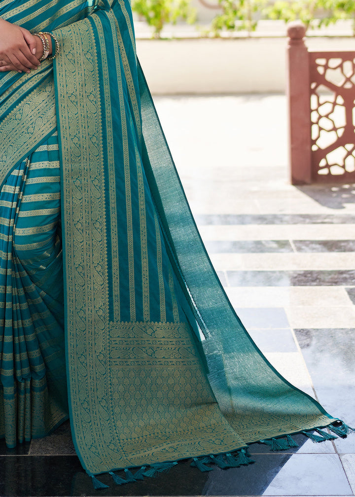 Teal Blue Zari Woven Leheriya Georgette Saree