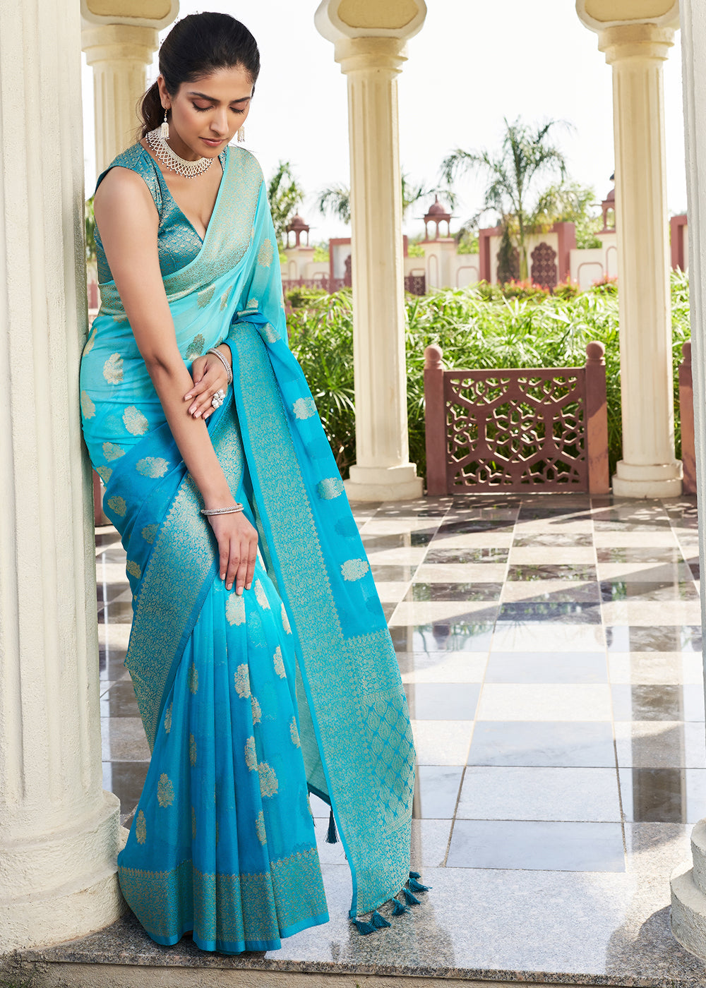 Shades Of Blue Zari Woven Georgette Saree