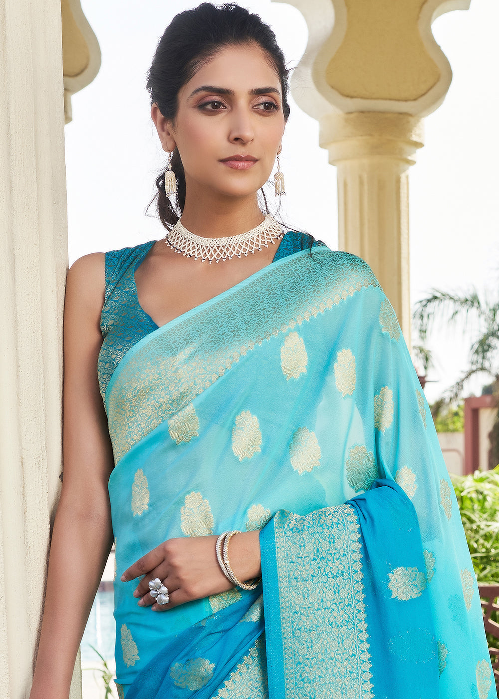 Shades Of Blue Zari Woven Georgette Saree