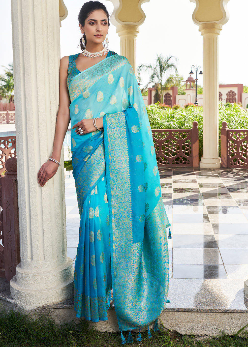 Shades Of Blue Zari Woven Georgette Saree