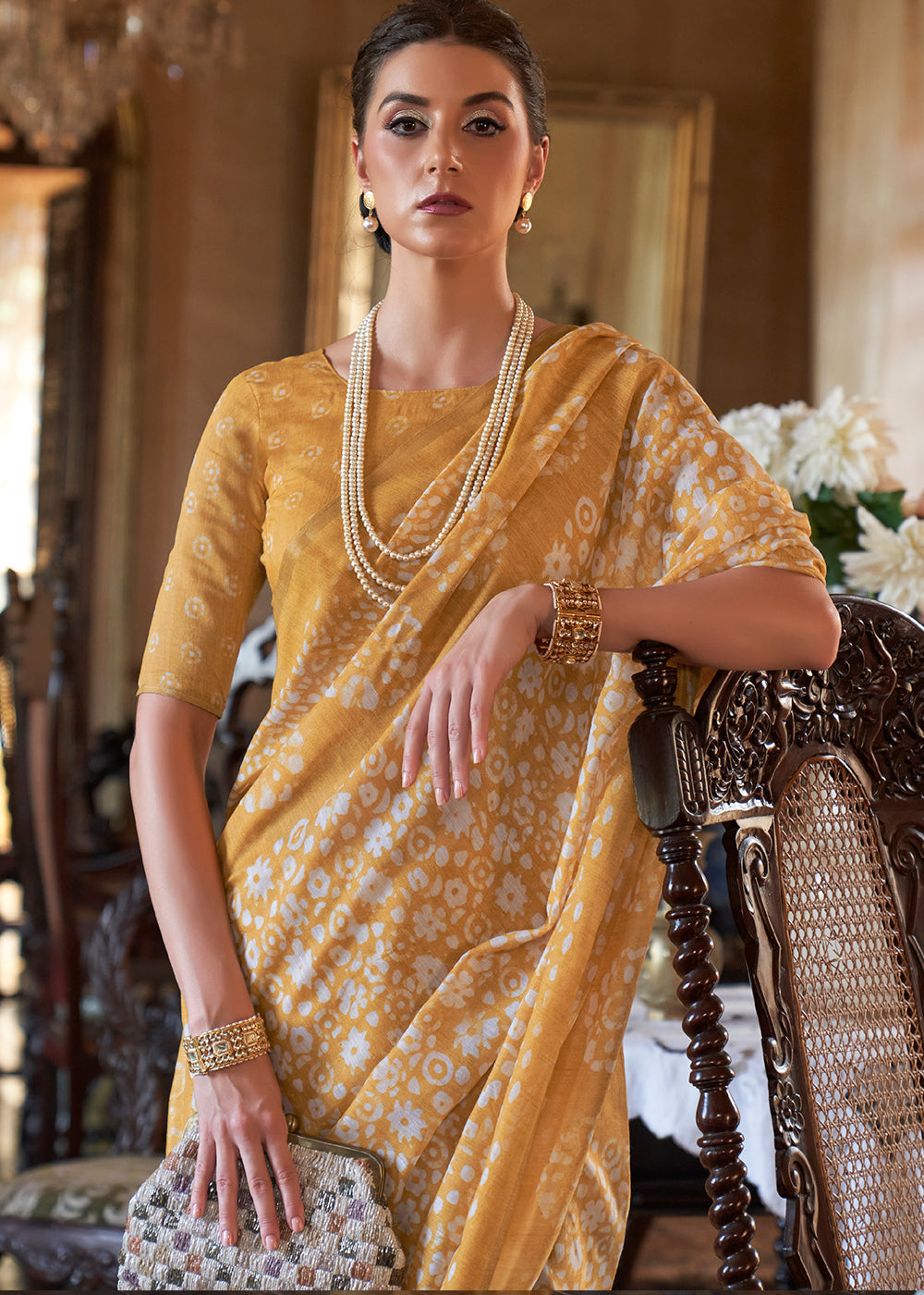 Mikado Yellow Floral Printed Linen Saree