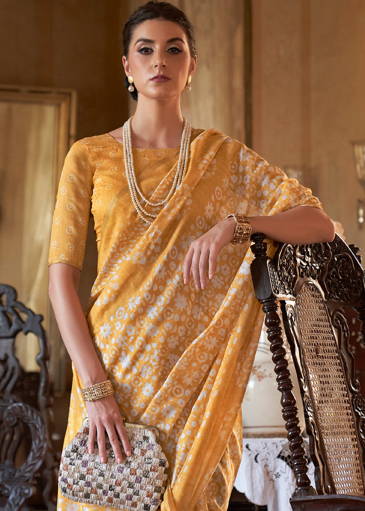 Mikado Yellow Floral Printed Linen Saree