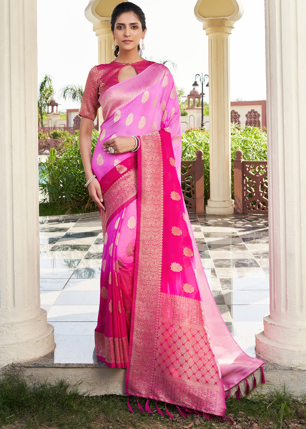 Shades Of Pink Zari Woven Georgette Saree