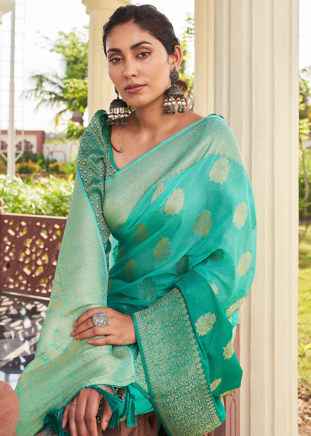 Blue & Green Zari Woven Georgette Saree