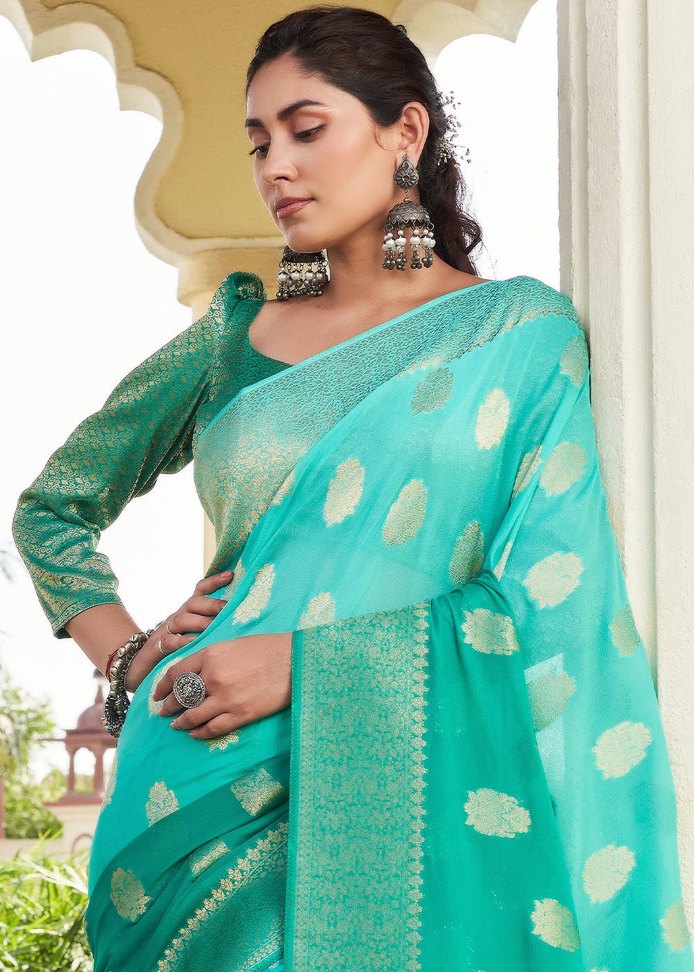 Blue & Green Zari Woven Georgette Saree