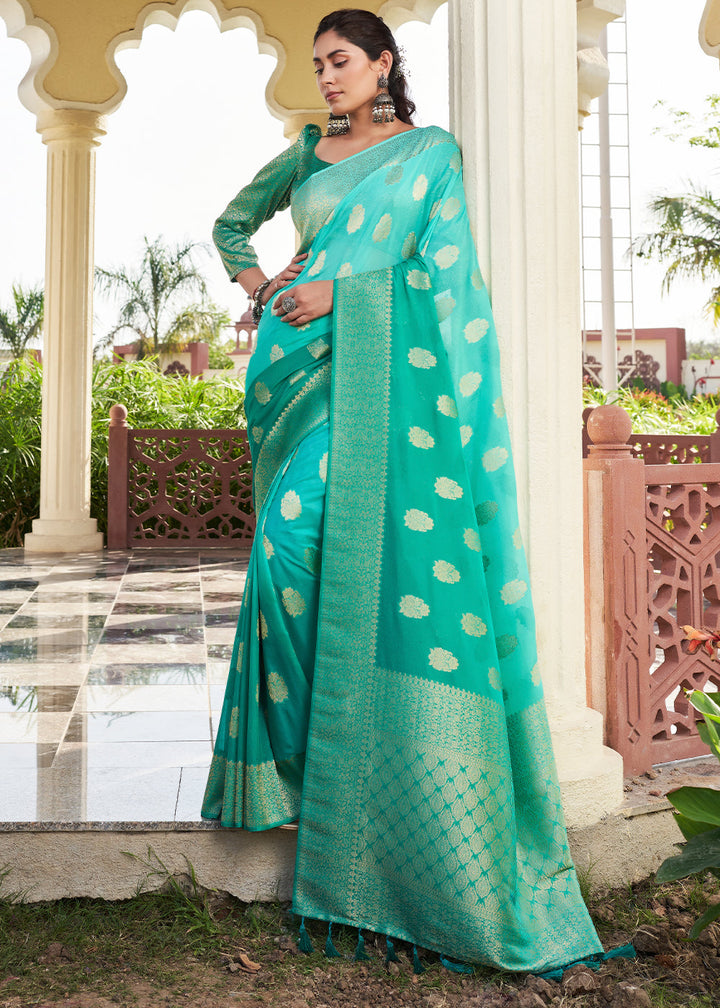 Blue & Green Zari Woven Georgette Saree