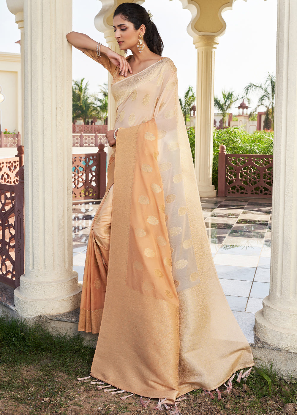 Tan Brown Zari Woven Georgette Saree