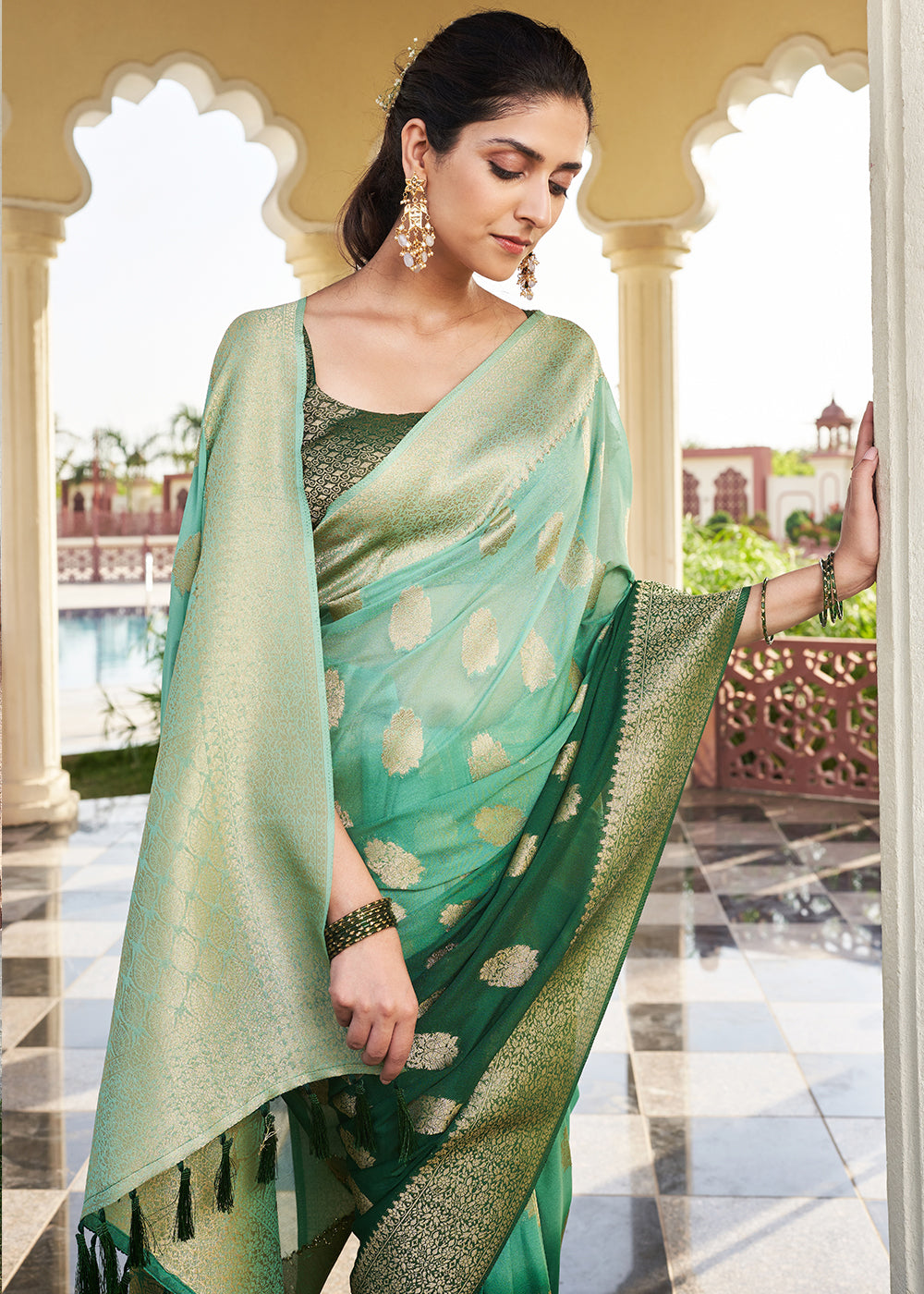 Shades Of Green Zari Woven Georgette Saree