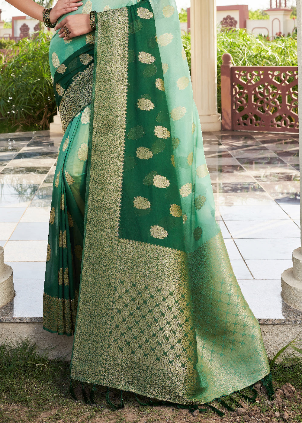 Shades Of Green Zari Woven Georgette Saree