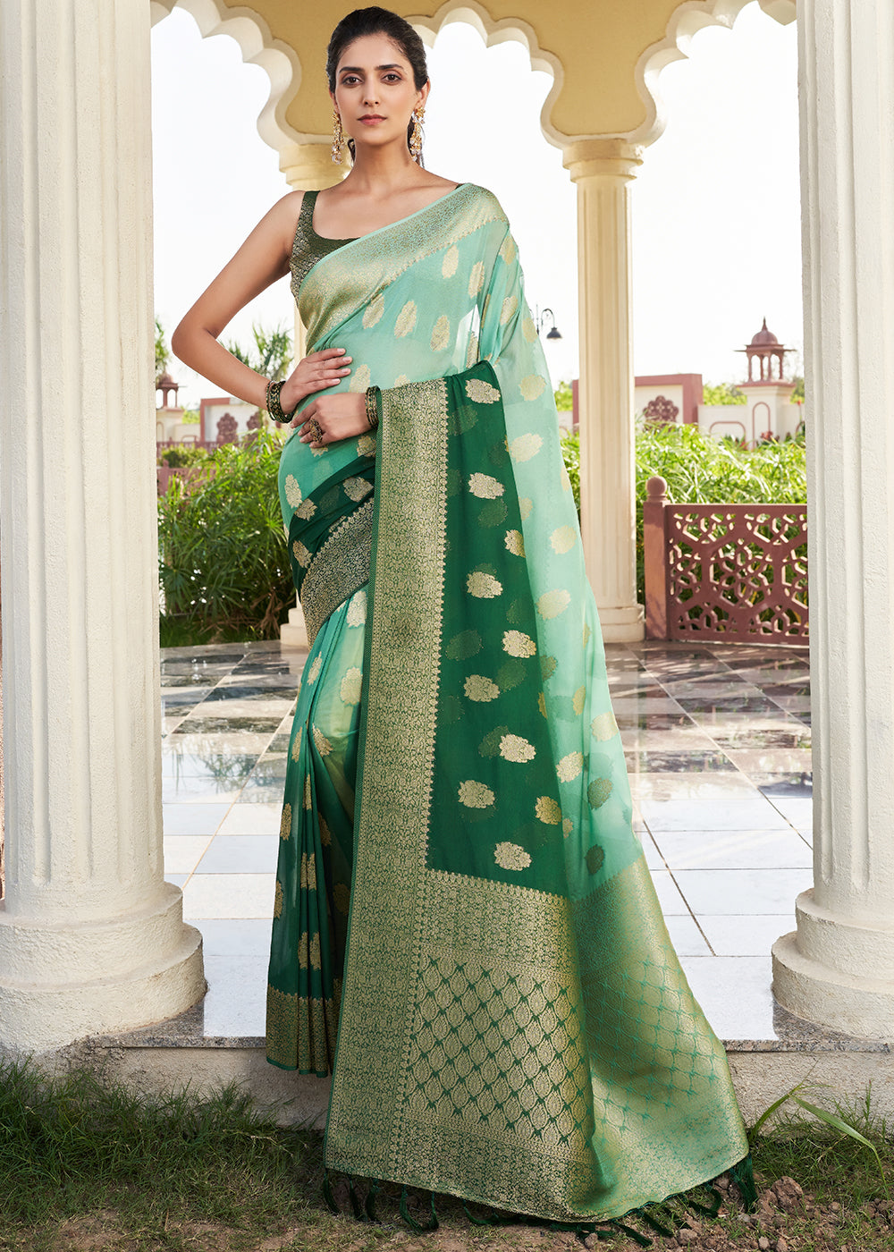 Shades Of Green Zari Woven Georgette Saree