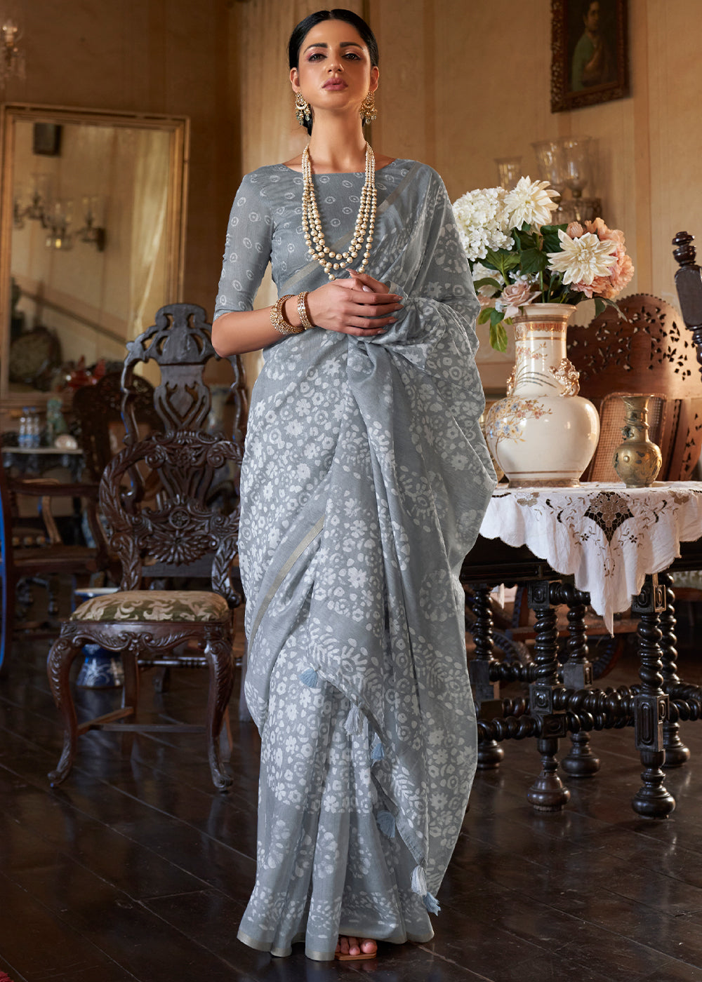 Metal Grey Floral Printed Linen Saree