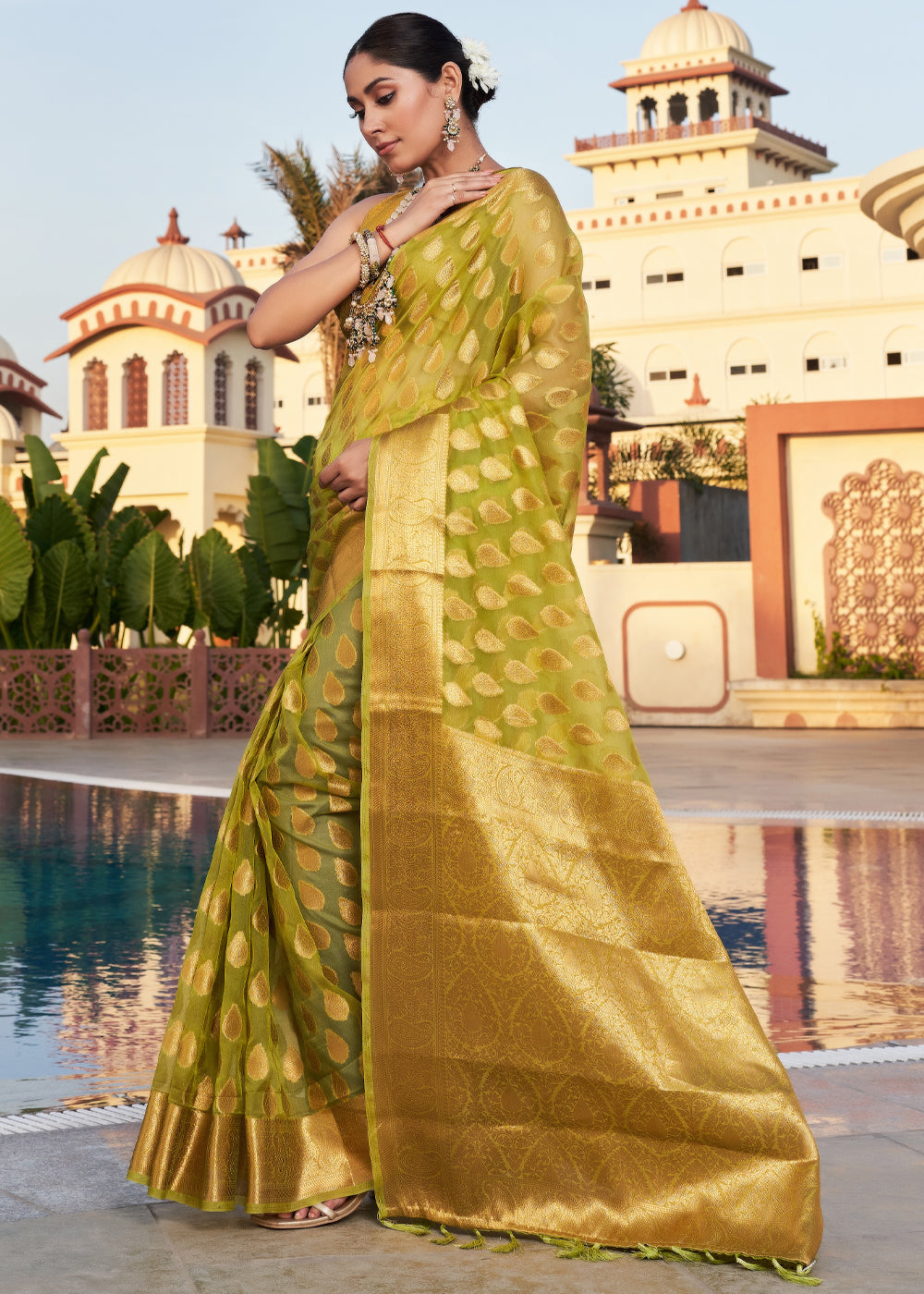 Avocado Green Woven Organza Saree