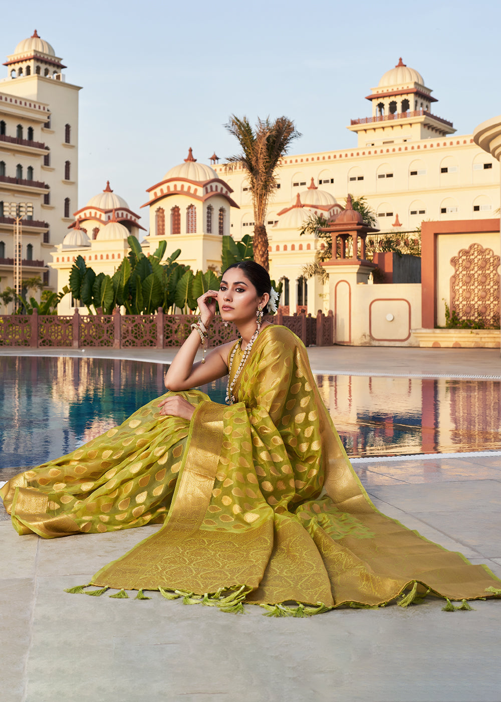 Avocado Green Woven Organza Saree