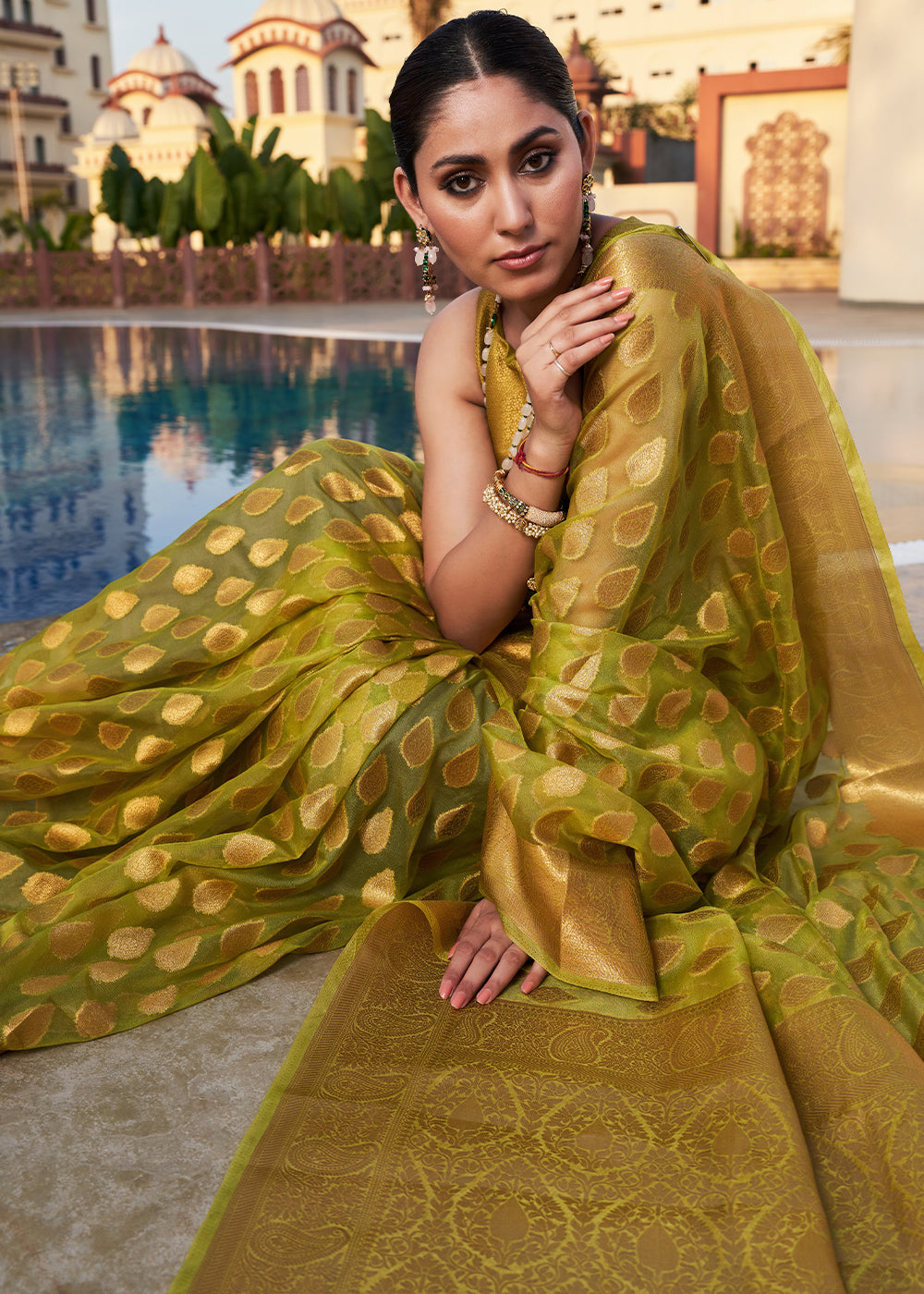 Avocado Green Woven Organza Saree