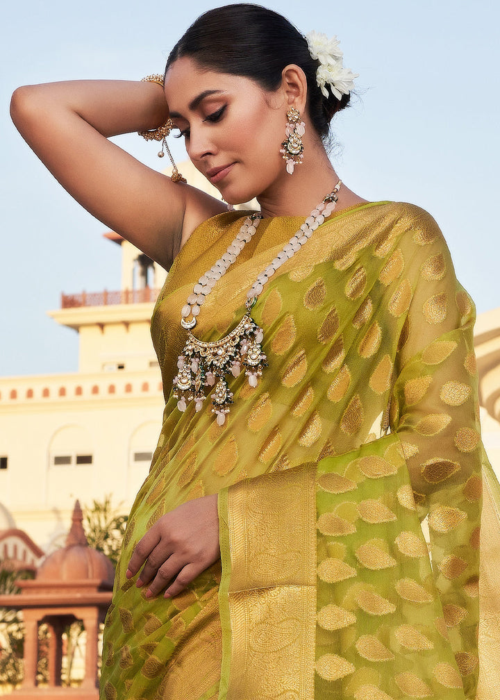 Avocado Green Woven Organza Saree