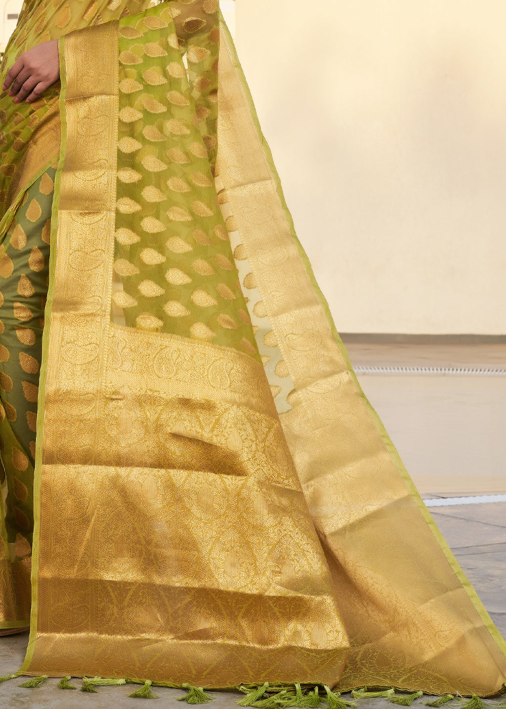 Avocado Green Woven Organza Saree