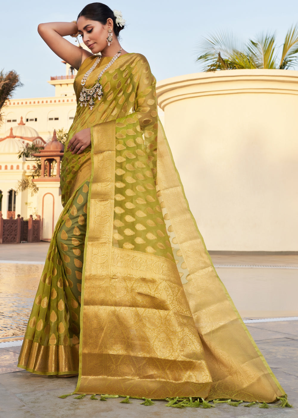 Avocado Green Woven Organza Saree