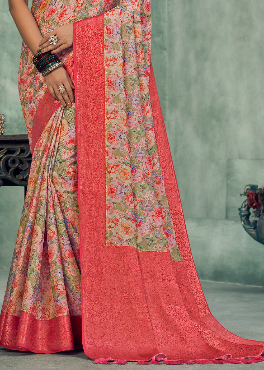 Shades Of Pink Digital Printed Tissue Silk Saree