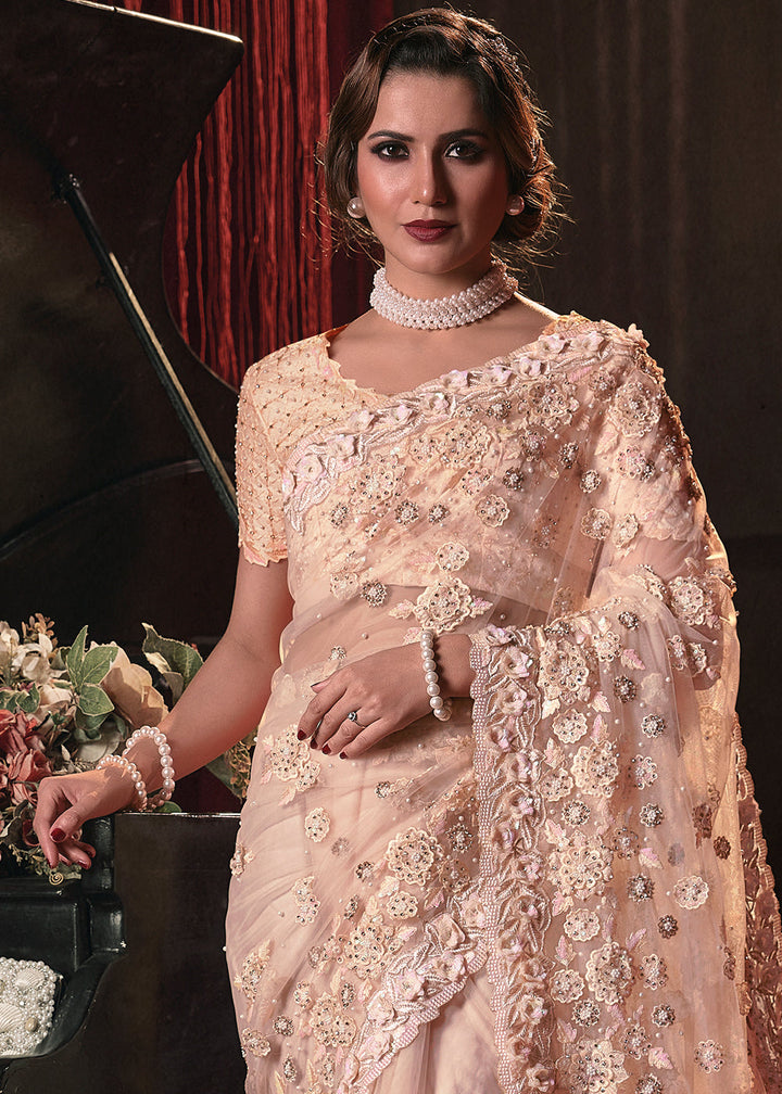 Light Peach Pink Digital Net Saree with Thread,Sequence,Zarkan,Moti and All over Flower Applique work