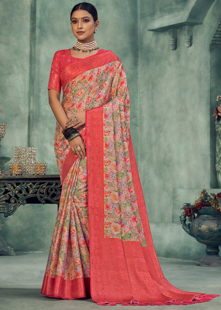 Shades Of Pink Digital Printed Tissue Silk Saree