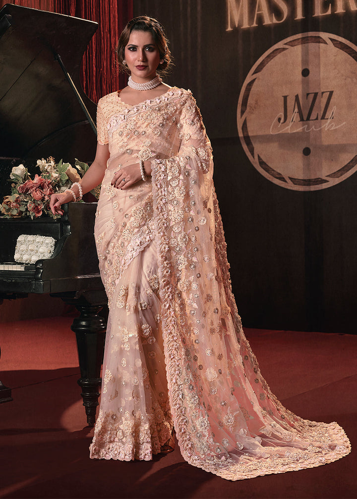 Light Peach Pink Digital Net Saree with Thread,Sequence,Zarkan,Moti and All over Flower Applique work