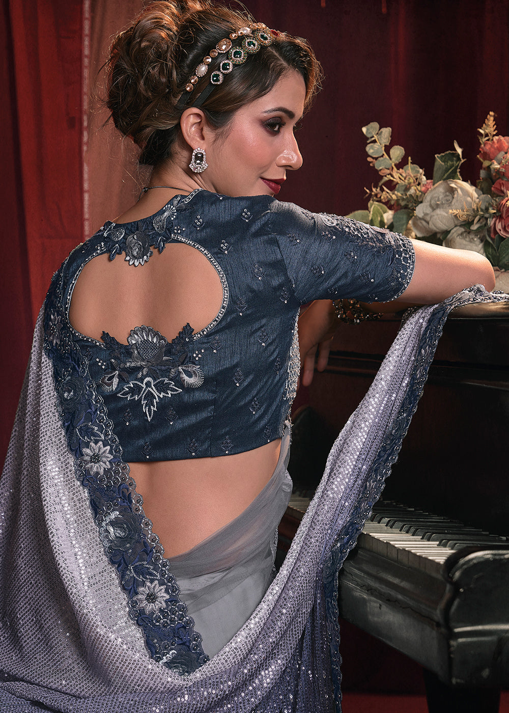 Shades Of Blue Digital Net Saree with Thread,Sequence,Zarkan,Moti and Flower Applique work