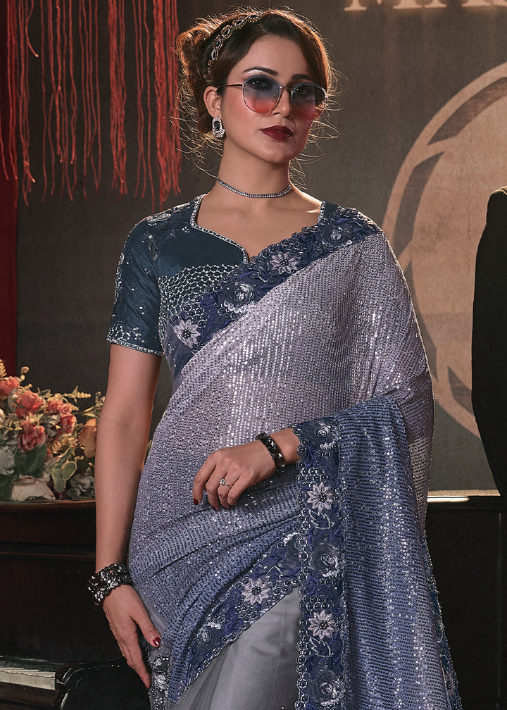 Shades Of Blue Digital Net Saree with Thread,Sequence,Zarkan,Moti and Flower Applique work