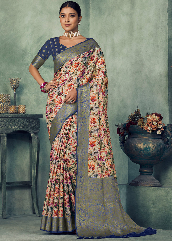 Shades Of Blue Digital Printed Tissue Silk Saree